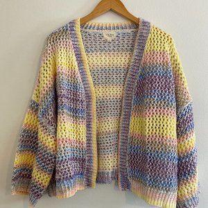 413 Story Rainbow Knit Cardigan Small Oversized Loose Knit Open Front Pastel